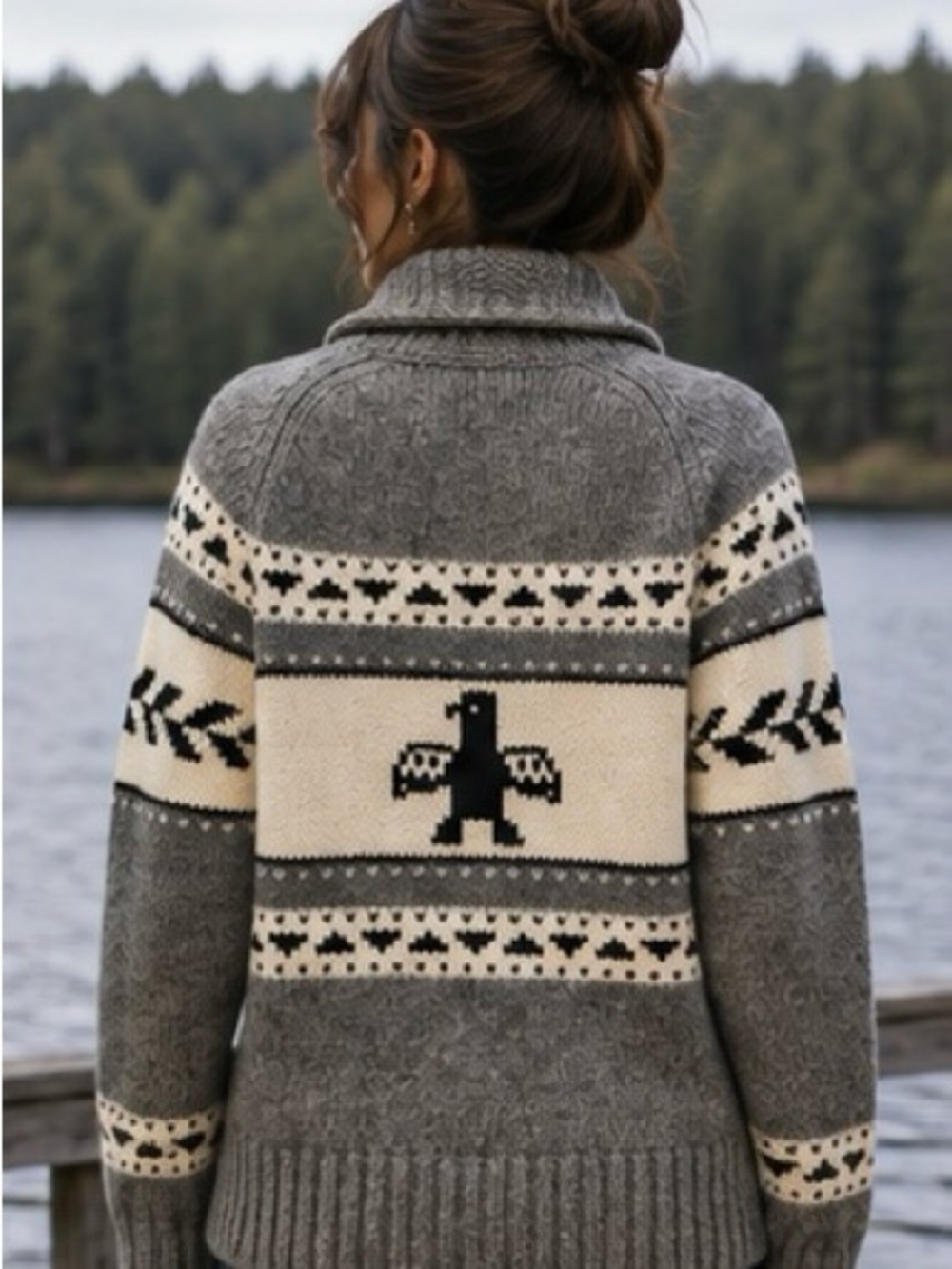 TNA Sea to Sky Cowichan Style Intarsia Lambswool Shawl Collar Sweater L - Picture 16 of 16